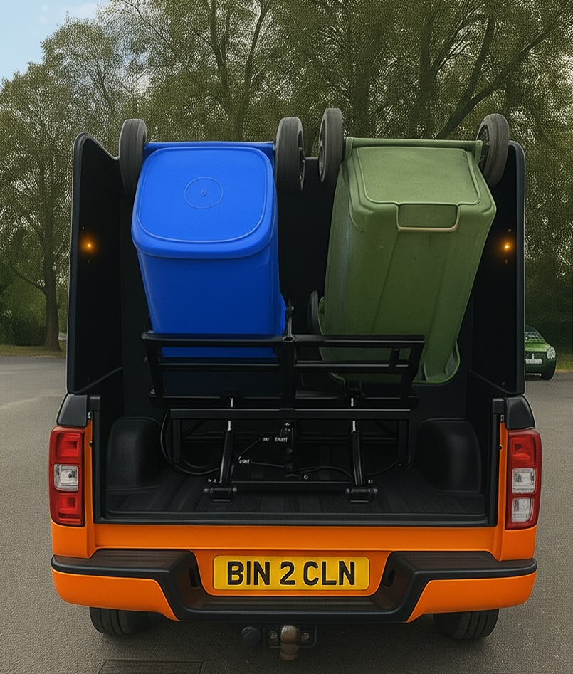 Upturned wheelie bins on Bin 2 Clean's specialised cleaning truck for deep interior washing and eco-friendly disinfectant treatment.