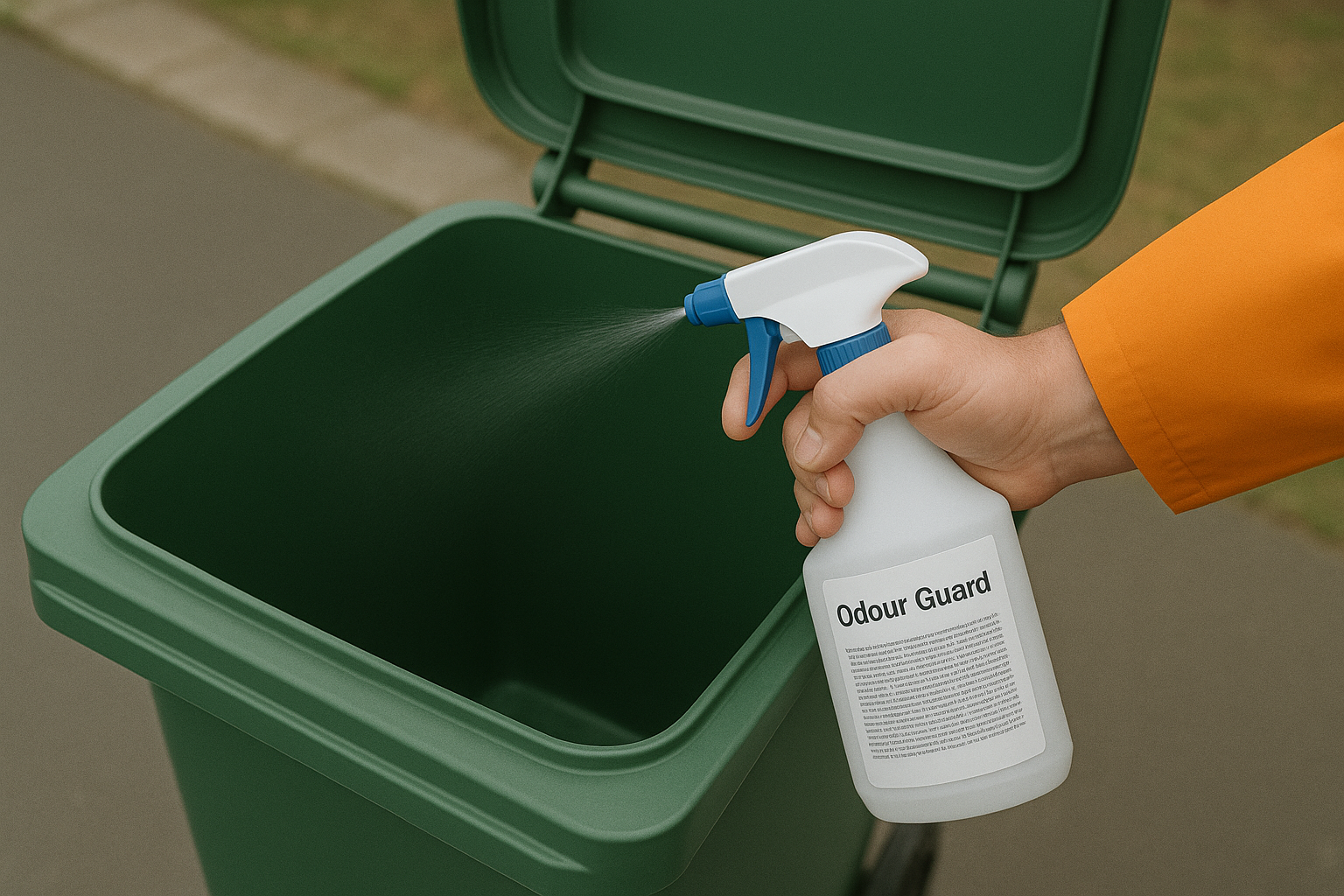 Deodoriser being applied to the inside of a cleaned green wheelie bin to maintain freshness.
