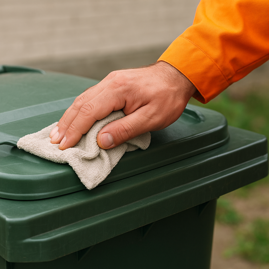 Hand wiping the lid of a clean green wheelie bin with disinfectant for added hygiene in Thorpe Bay.