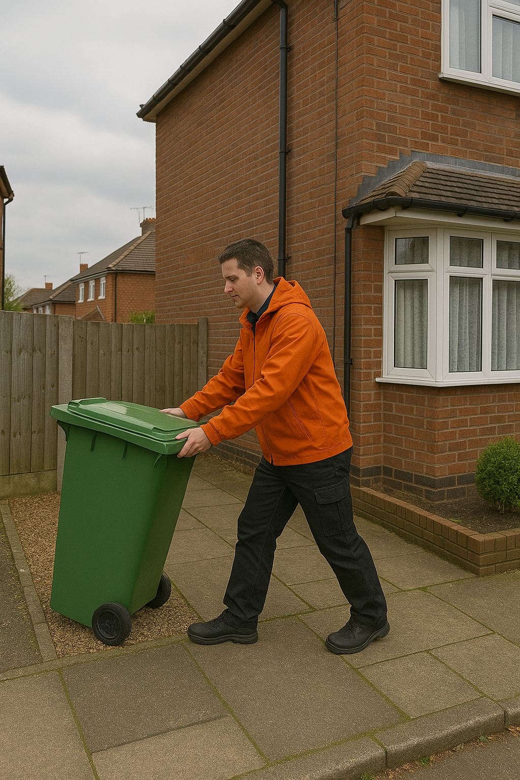 Bin 2 Clean operator returning a spotless green wheelie bin to a customer's Leigh-on-Sea property after professional cleaning.